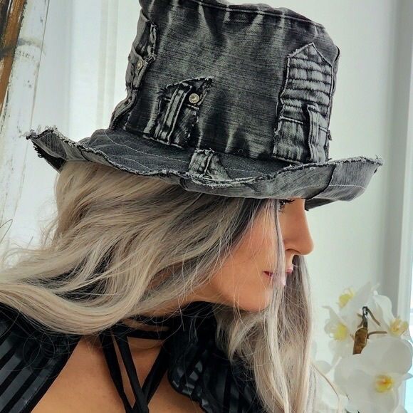 Designer Hat Shabby Chic Stovepipe Upcycled Black Denim Top Hat Like Magnolia main image 7